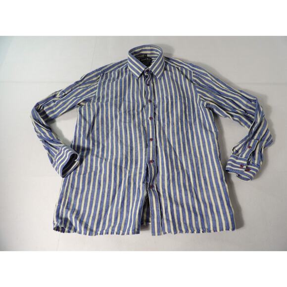 John Hill Shirt Irish Linen Mens Sz 40 Large Button Up Vertical Stripe Blue Vaca - Picture 4 of 14